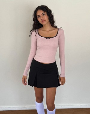 Motel Rocks Bovita Long Sleeve Ribbet T-skjorte Dame Rosa Svarte | WYA8866CB