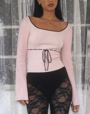 Motel Rocks Juhye Strikket Long Sleeve T-skjorte Dame Rosa Svarte | QYW5829SG