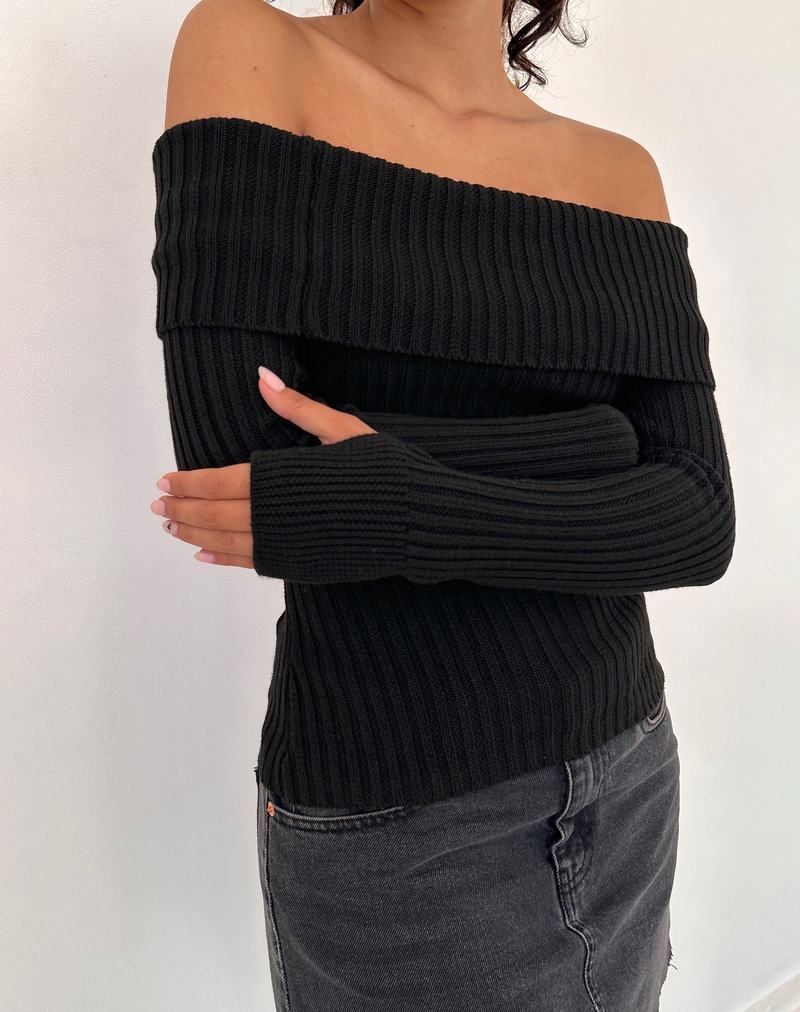 Motel Rocks Circe Off-shoulder Long Sleeve Knit Top Genser Dame Svarte | WPA5934VY