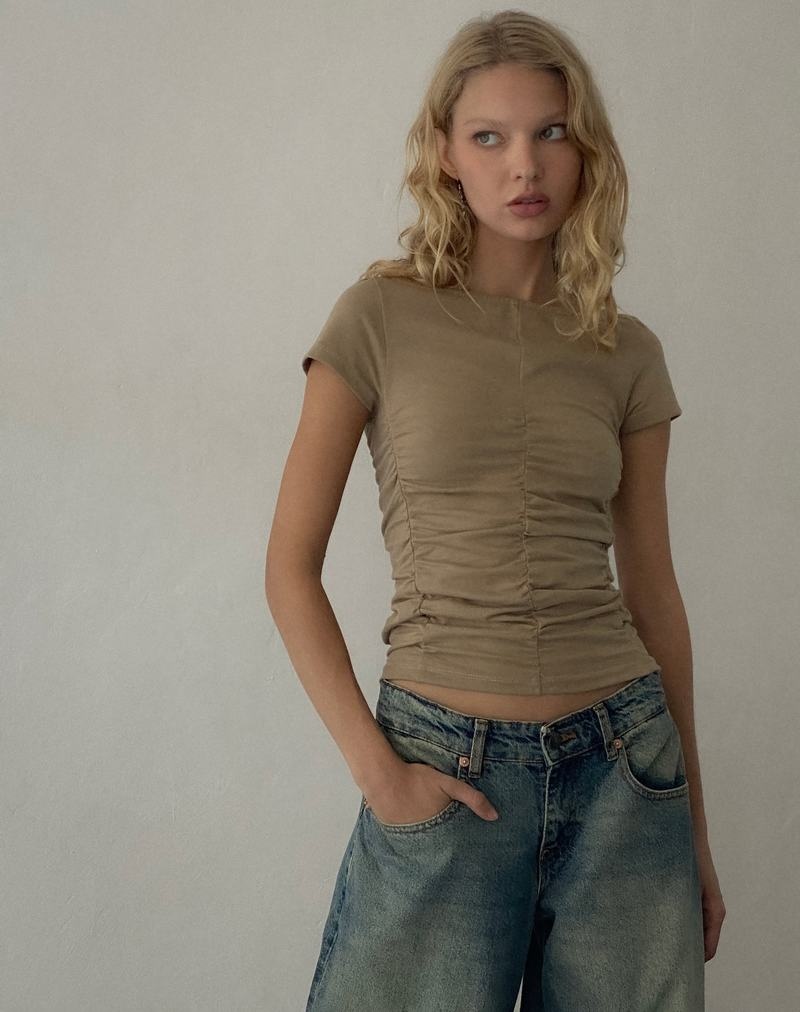 Motel Rocks Gryae Ruched Front Top T-skjorte Dame Brune | TKU113EU